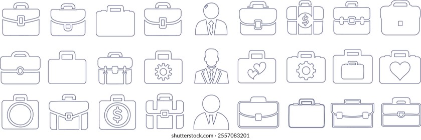 briefcase, suitcase and businessman line icon, Business icons collection featuring briefcases, money symbols, gear icons, and professional figures for corporate, finance, business planning, and office