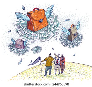 Briefcase as a symbol of the workplace. People trying to cope with unemployment. Vector illustration.