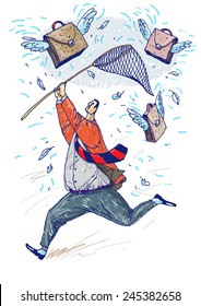 Briefcase as a symbol of the workplace. People trying to cope with unemployment. Vector illustration.