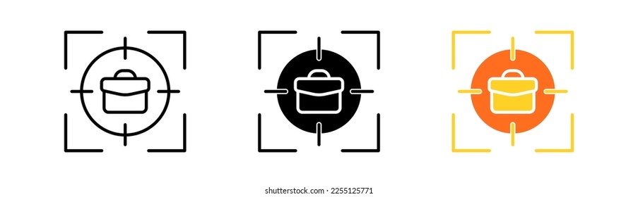 Maletín en el icono de juego de destino. Objetivo, publicidad, anuncio, trabajo, empleo, público objetivo. Concepto de trabajo. Icono de vector en línea, estilo negro y colorido sobre fondo blanco
