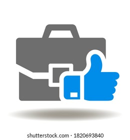 Maletín con el vector del icono de subida de los dedos. Cartera como ilustración. Signo de comentarios de evaluación de donaciones de inversión de casos de negocios exitosos.
