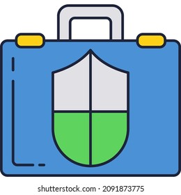 Maletín bajo el icono de protección de escudo vector plano. Seguro de negocio, privacidad de cartera, símbolo de seguridad de acceso aislado en fondo blanco