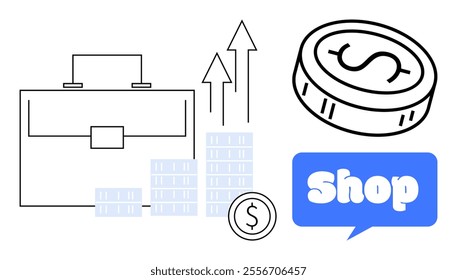 Briefcase, upward arrows, coin, dollar sign, stack of coins, blue shop bubble. Ideal for business, finance, commerce, investment and economic growth themes. Illustrated in a clean, simple, modern