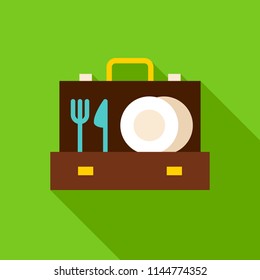 Briefcase with Utensils Object Icon. Flat Design Vector Illustration with Long Shadow.