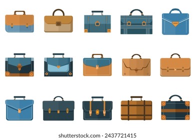 Briefcase vector icon set. Set of realistic briefcases with handles and buckles. Business bag for documents. Office handbag. Isolated vector image for web design in flat style.