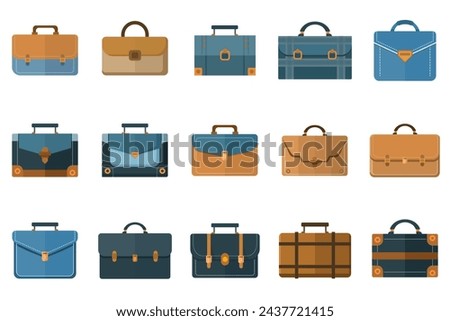 Briefcase vector icon set. Set of realistic briefcases with handles and buckles. Business bag for documents. Office handbag. Isolated vector image for web design in flat style.