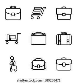 briefcase vector icons. Set of 9 briefcase outline icons such as luggage, luggage cart, case, man with case