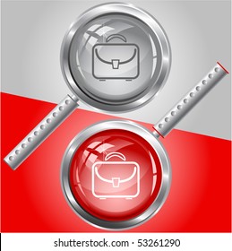 Briefcase. Vector magnifying glass.