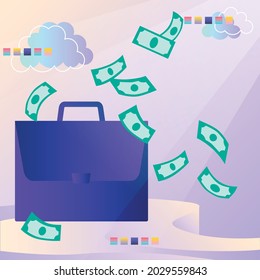 A briefcase from which USA dollars money pours money against the background of the beam and oblak. Success in business, trading and finance on the stock exchange. For the design of materials, infograp