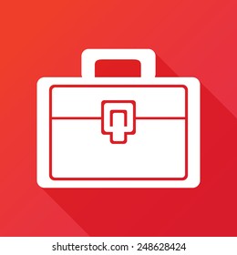 Briefcase white icon red background. Long shadow