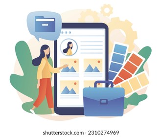 Briefcase with work gallery and file collection in smartphone app. Portfolio concept. Preview folder presentation artist, designer or photographer. Modern flat cartoon style. Vector illustration