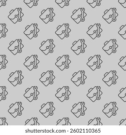 Briefcase with wrench line seamless pattern, repair service theme. Vector graphics. Mechanic case, portfolio bag sign with background, repeat line icon