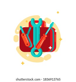 Briefcase, wrench, screwdriver, multitool. Concept icon for online shop. Flat style, vector illustration. Isolated on a white background. Turquoise, brown and orange colors.