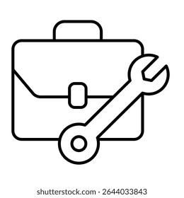 Porta-arquivos com ícone de linha fina de chave inglesa, conceito de serviço de reparo. Gráficos vetoriais. Caixa mecânica, sinal de saco de portfólio no fundo branco, móvel estilo ou design