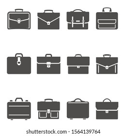 Briefcases black and white glyph icons set. Corporate business, school education monochrome symbols. Businessman suitcase, portfolio, college student handbag silhouette illustrations pack