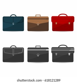 Briefcases set with shadows. Coloful and monochrome icons of bag, suitcase, briefcase. Vector