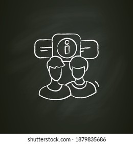 Icono de tiza breve. Los avatares intercambian información. Concepto de comunicación con los clientes, intercambio interno de información sobre los proyectos y trabajo en equipo. Ilustración vectorial aislada en pizarra