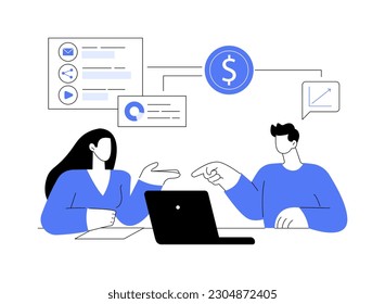 Briefing with a client abstract concept vector illustration. Advertising agency worker talking with client, discussing business promotion strategy, digital marketing abstract metaphor.