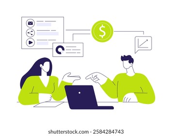 Briefing with a client abstract concept vector illustration. Advertising agency worker talking with client, discussing business promotion strategy, digital marketing abstract metaphor.