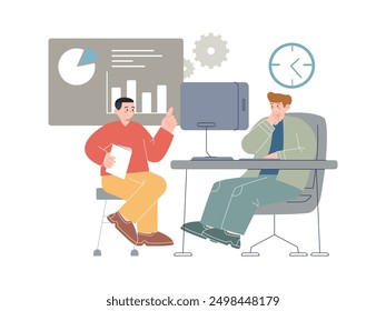 briefing with a client brief talk talking communicate communication interaction social problem solving collaboration work together job creative design template icon colorful analyzing business data