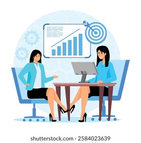 Briefing with a client concept.Two women engaged in a professional business meeting. A chart indicates strategic growth on a screen. Represents workplace collaboration. 