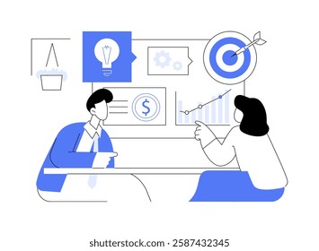 Briefing with a client isolated cartoon vector illustrations. Marketing agency worker talking with client, discussing brand promotion, professional advertising service vector cartoon.