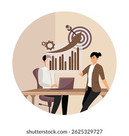 Briefing with clients. Business professionals discuss growth data, symbolized by charts, graphs, and target, indicating teamwork and success.