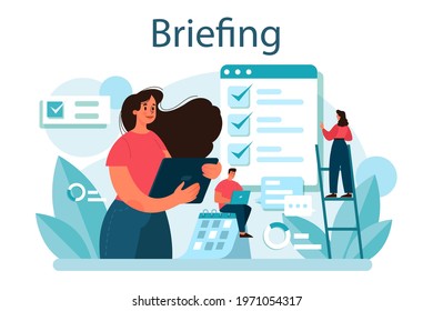 Briefing concept. Business people in front of co-workers with a relevant information. Presenting business plan or analytical report. Flat vector illustration