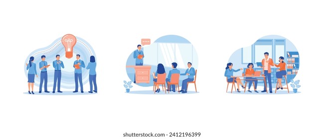 Briefing concept. Exchange opinions. Hold meetings with employees. Discuss financial statistics together. set flat vector modern illustration 