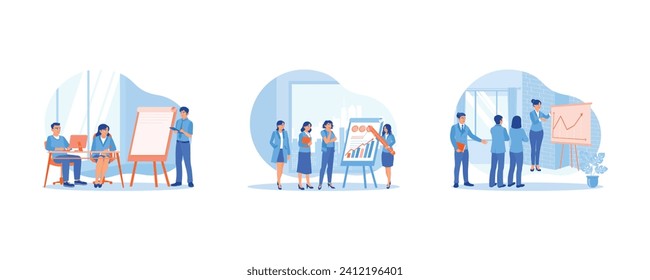 Briefing concept. Listen to explanations during the presentation. Flip chart presentation about company business strategy. Analyzing company business projects in the meeting room. 