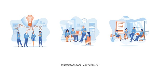 Briefing concept. Team brainstorming. Listen to the meeting leader's explanation. Exchange ideas and discuss financial statistics. Set Trend Modern vector flat illustration