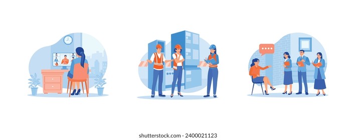 Briefing concept. Video calls with colleagues. Briefing at a heavy industrial manufacturing site. Listen to and take notes from company leaders. Set Trend Modern vector flat illustration