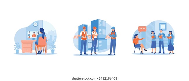 Briefing concept. Video calls with colleagues. Briefing at a heavy industrial manufacturing site. Listen to and take notes from company leaders. set flat vector modern illustration 