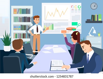 Briefing and Conference Concept. Working Presentation. Male Leader shows Work Schedule. Brainstorm and Teamwork Set. Office staff Training and Communication. Vector Flat Illustration.