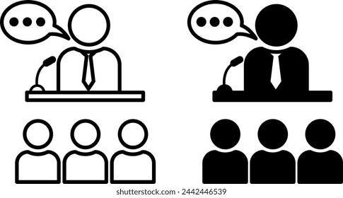 Briefing icons. Black and White Vector Icons. Man with Microphone Tells Important Information to People. Business and Workshop Concept