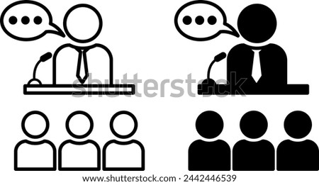 Briefing icons. Black and White Vector Icons. Man with Microphone Tells Important Information to People. Business and Workshop Concept