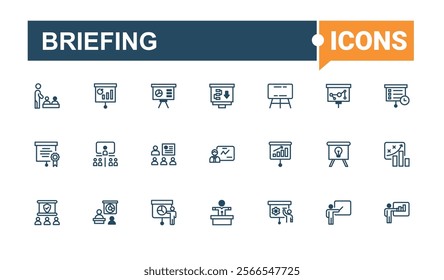 Briefing icons set. Contains related to brainstorm, audience, presentation, business, speak, plan, information. Outline icon. Vector line and solid icons.