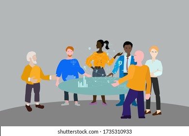 reunión de información y conferencia en directo. Workflow , un grupo de personas se alza cerca de una mesa y discute el proyecto.