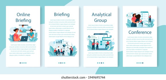 Briefing für mobile Applikationen Banner-Set. Geschäftsleute vor Mitarbeitern