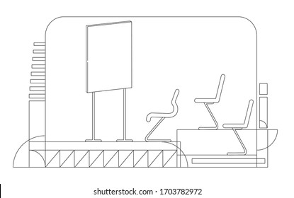 Ilustración vectorial de contorno de sala de presentación. Sala de juntas corporativa, sala de conferencias con composición de fondo blanco. Auditorio vacío, salón de clases con dibujo de estilo sencillo en pizarra