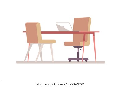 Briefing room semi flat RGB color vector illustration. Space for corporate work. Desktop to hold job interview. Meeting room. Two chairs near table isolated cartoon object on white background