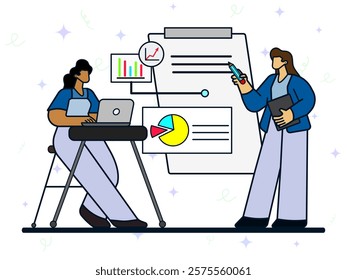 Briefing with stakeholders concept. Woman explaining about business strategy to stakeholder. Business briefing, planning project life cycle, task assignment, financial data report, risk management. 