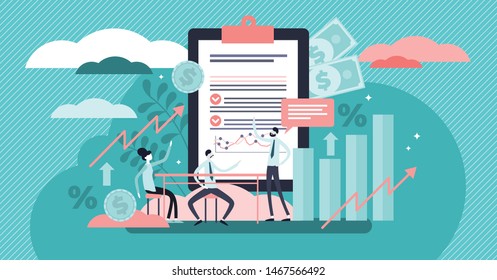 Briefing vector illustration. Flat tiny business meeting persons concept. Work colleagues discuss and talk about financial or economical strategy to develop company. Manager topic presentation speech.