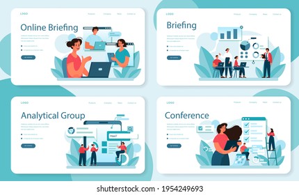 Briefing web banner or landing page set. Business people in front of co-workers
