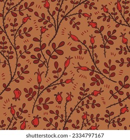 Brier branches with rosehip abstract seamless pattern. Wild prickly plant vector images on brown background. Cartoon color icons design