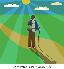 Brig illustration of male traveller with rucksack and walking stick standing on yellow sand path and looking ahead, green grass around, blue sky, clouds and sun on the background and sun rays in front