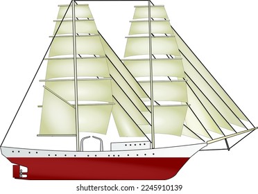 Brig sailing vessel with sails and rigging