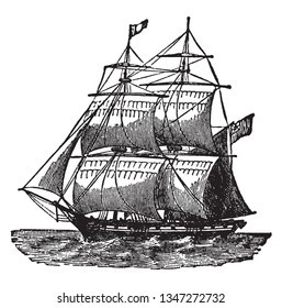 Brig is a sailing vessel with two square rigged masts, vintage line drawing or engraving illustration.