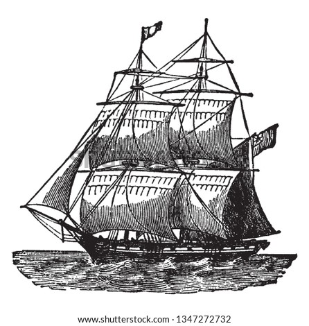 Brig is a sailing vessel with two square rigged masts, vintage line drawing or engraving illustration.