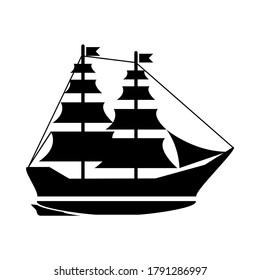 Brig ship illustration in black and white. Sail ship icon. Ocean transportation